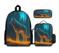 WECECE School Bag Wolve 3 Piece Collection with Lunch Box Animal Wolf Pencil Case for Students 13-15 Years Year 8-10, Lightweight Carry Set for School Travel