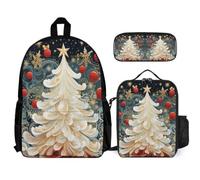 WECECE Schoolbag Christmas Tree Print School Supplies Bundle for Children Age 9, School Backpack with Pencil Case and Lunch Bag Year 6 for Girls Sports Clubs and Holidays