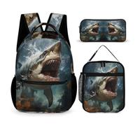 WECECE Shark Bookbag Set with Lunch Tote and Pencil Case for Boys Age 8, Sea Life Bookbag 3 Piece Set Year 7 for Boys Camping Holidays Outdoor Activities and Learning Sessions