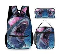 WECECE Shark Bookbag Set with Pencil Case and Lunch Bag for Girls Age 9, Sea Life Bookbag School Supplies Bundle Year 6 for Girls Learning Essentials Holiday Travel and Sports Clubs