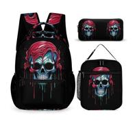 WECECE Skull School Bag 3 Piece Set for Children Age 9, Skeleton Bookbag 3 Piece Set Year 6 for Young Learners Camping Holidays Outdoor Activities and Learning Sessions
