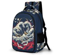 WECECE Students Japanese Style Waves Bookbag Age 7-11, Boys Waves Daypack, Girls 14 Inch Laptop Backpack, Fashion School Bag for Junior School and Spring Outing and Autumn Trip