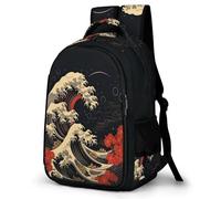 WECECE Students Japanese Style Waves Bookbag Age 7-11, Boys Waves Daypack, Girls 14 Inch Laptop Backpack, Fashion School Bag for Junior School and Spring Outing and Autumn Trip