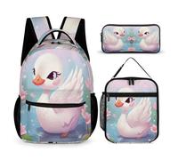 WECECE Swan Backpack Set with Pencil Case and Lunch Bag for Boys Age 11, White Swan Bookbag 3 Piece Set Year 5 for Boys Family Trips Outdoor Activities and Student Carry
