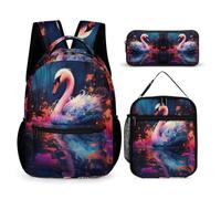 WECECE Swan Backpack with Lunch Box Pencil Case for Boys Age 7, White Swan Bookbag with Lunch Tote and Pencil Case Year 5 for Boys Back to School Gift and Learning Essentials
