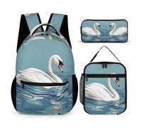 WECECE Swan School Backpack 3 Piece Set for Children 10-12 Years, White Swan Backpack 3 Piece Set Year 4-6 for Young Learners Learning Essentials Holiday Travel and Sports Clubs