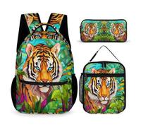 WECECE Tiger Backpack Set with Lunch Tote and Pencil Case for Students Age 7, Animal Pattern Backpack School Supplies Bundle Year 6 for Girls Birthday Gift School Supplies and Travel Use