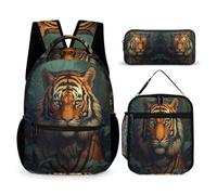 WECECE Tiger Backpack with Lunch Bag and Pencil Case for Students Age 10, Animal Theme School Bag School Supplies Bundle Year 3-5 for Boys Sports Clubs Holiday Travel and Daily Carry