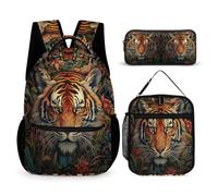 WECECE Tiger Backpack with Lunch Box Pencil Case for Boys Age 7, Animal Theme Bookbag with Lunch Tote and Pencil Case Year 5 for Boys Back to School Gift and Learning Essentials