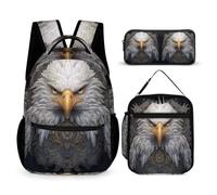WECECE White Headed Eagle Book Pack with Lunch Bag and Pencil Case for Boys Age 11, Bird Theme Backpack 3 Piece Set Year 3 for Primary Students Family Trips Outdoor Activities and Student Carry
