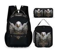 WECECE White Headed Eagle School Bag 3 Piece Set for Children Age 9, Bird Theme Bookbag 3 Piece Set Year 6 for Young Learners Camping Holidays Outdoor Activities and Learning Sessions