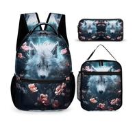WECECE Wolf Bookbag 3 Piece Set for Girls 6-8 Years, Animal Wolves Backpack School Supplies Bundle Year 4-6 for Girls School Journeys Learning Sessions and Holiday Travel
