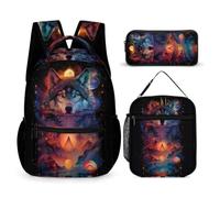 WECECE Wolves Backpack Set with Pencil Case and Lunch Bag for Boys Age 11, Animal Wolf Bookbag 3 Piece Set Year 5 for Boys Family Trips Outdoor Activities and Student Carry