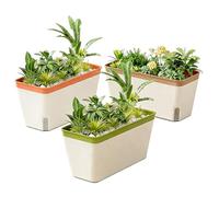 Weciau 3Pcs Self Watering Plant Pots, 10.5 Inch Rectangular Windowsill planter box with Water Level Window and Drainage Hole, Modern Plastic Indoor Planter for Herbs, Vegetables, Succulents Plants