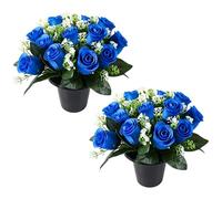 Weciau Artificial Flowers for Graves, 2 Pcs Grave Flower Pots with 12-Head Cemetery Flower, Spring Funeral Memorial Artificial Bouquet for Lasting Tribute and Cemetery Decorations (Blue)