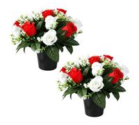 Weciau Artificial Flowers for Graves, 2 Pcs Grave Flower Pots with 12-Head Cemetery Flower, Spring Funeral Memorial Artificial Bouquet for Lasting Tribute and Cemetery Decorations (Red, White)