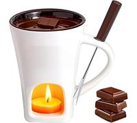 Weciau Chocolate Fondue Mug, 130ml Melting Chocolate Pot with Fork and Candle, Ceramic Chocolate Fondue Set, Butter Warmer Set for Cheese Butter Caramel (White)