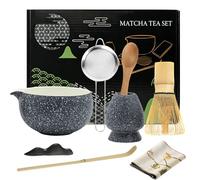 Weciau Matcha Whisk Set, 8 Pcs Complete Matcha Set with Bamboo Whisk, Ceramic Bowl, Spoon, Sifter, Holder, Tea Towel, Ideal Matcha Gift Sets for Beginners and Enthusiasts (Black)