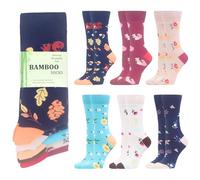 WeciBor Women's Bamboo Socks, 6-Pack Breathable Soft Seamless Crew Socks, Multicolor Floral & Squirrel Print UK Size 7-9