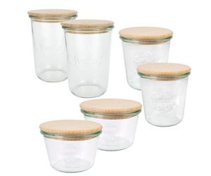 Weck Jars Set (6 Preserving Jars, 2 x 250 ml, 2 x 500 ml, 2 x 750 ml with Wooden Lid, for Preserving/Storing Food) 79213