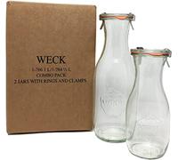 Weck Juice Jar Combo Pack - (1) 766 1-Liter jar (1) 764 1/2-Liter jar with Glass Lids, Rubber Rings and Steel Clamps