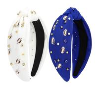 Wecoe 2pcs Knot Headbands Game Days Football Pearl Rhinestone Wide Cloth Headbands Cute White Blue Head Bands Fashion Sparkly Beaded Hairbands Hair Accessories for Women Girls Gifts
