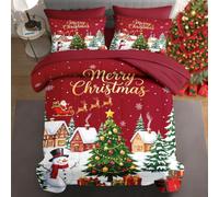 WeCozy 7 Pcs Full Size Christmas Comforter Set with 2 Pillowcases & 2 Shams, Red Tree Snowman Forest Bedding Set for Kids and Adults, Vintage Green Snowy Bed in a Bag with Flat Sheet and Fitted Sheet