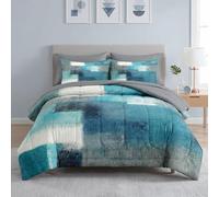 WeCozy 7 Pcs Full Size Comforter Set with 2 Pillowcases & 2 Shams, Turquoise Grey Painting Bedding for Kids and Adults, Teal Contemporary Gray Bed in a Bag with Flat Fitted Sheet