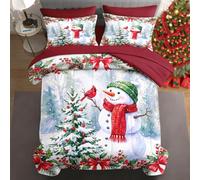 WeCozy 7 Pcs Queen Size Christmas Comforter Set with 2 Pillowcases & 2 Shams, Farmhouse Snowman Bedding Set for Kids and Adults, Forest Tree Cardinal Bird Bed in a Bag with Flat Sheet and Fitted Sheet