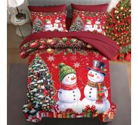 WeCozy 7 Pcs Queen Size Christmas Comforter Set with 2 Pillowcases & 2 Shams, Snowman Red Cardinal Bedding Set for Kids and Adults, Green Whimsical Tree Bed in a Bag with Flat Sheet and Fitted Sheet