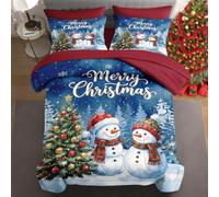 WeCozy 7 Pcs Queen Size Christmas Comforter Set with 2 Pillowcases & 2 Shams, Snowman Whimsical Forest Bedding Set for Kids and Adults, Winter Tree Blue Bed in a Bag with Flat Sheet and Fitted Sheet