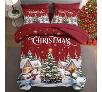 WeCozy 7 Pcs Queen Size Christmas Comforter Set with 2 Pillowcases & 2 Shams, Tree Red Snowman Bedding Set for Kids and Adults, Winter Forest Cabin Bed in a Bag with Flat Sheet and Fitted Sheet