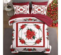 WeCozy 7 Pcs Queen Size Christmas Comforter Set with 2 Pillowcases & 2 Shams, Winter Poinsettia Flower Bedding for Kids and Adults, Red Berry Green Leaves Bed in a Bag with Flat Fitted Sheet