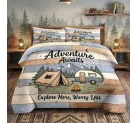 WeCozy Queen Size Comforter Set with 2 Pillowcases, Camping Adventure Rv Camper Cabin Soft 3 Pcs Bedding Set for Kids and Adults Bedroom Bed Decor