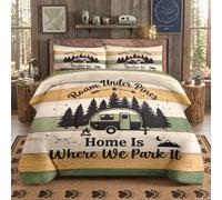 WeCozy Queen Size Comforter Set with 2 Pillowcases, Camping Camper Rustic Mountain Rv Soft 3 Pcs Bedding Set for Kids and Adults Bedroom Bed Decor