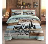 WeCozy Queen Size Comforter Set with 2 Pillowcases, Camping Camper Rustic Rv Cabin Soft 3 Pcs Bedding Set for Kids and Adults Bedroom Bed Decor