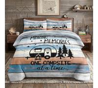 WeCozy Queen Size Comforter Set with 2 Pillowcases, Camping Camper Rustic Rv Forest Soft 3 Pcs Bedding Set for Kids and Adults Bedroom Bed Decor