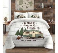WeCozy Queen Size Comforter Set with 2 Pillowcases, Camping Camper Vintage Forest Rv Soft 3 Pcs Bedding Set for Kids and Adults Bedroom Bed Decor