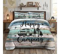 WeCozy Queen Size Comforter Set with 2 Pillowcases, Camping Camper Vintage Rv Forest Soft 3 Pcs Bedding Set for Kids and Adults Bedroom Bed Decor