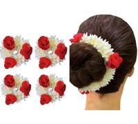 WECROO Artificial Jasmine Mogra and Rose Flower Hair Gajra Juda Decoration Hair Accessory Flower Artificial Wedding Bun Elastic gajra for Women Rubber Band (Red, Pack of 4)