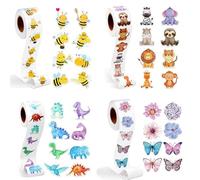 WEDAMOO 2000 Pcs Round Animal Sticker Roll, 32 Designs Reward Stickers, Butterfly Flower Bee Dinosaur Animal Stickers, Bee Stickers Roll for Scrapbooking, DIY Crafts, Luggage(4 Rolls)