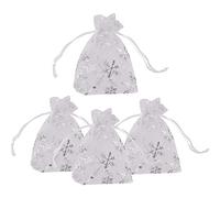 WedDecor 100pcs Snowflakes White Printed Mini Drawstring Organza Bags 7cm x 9cm - Small Sheer Gift Bags for Wedding Favors, Christmas, Birthdays, Jewellery, Party Supplies - Clear Mesh Pouches