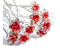 WedDecor 10pcs Red Wedding Hair Pins with Crystal Rose Flower Design & Rhinestone Diamante Silver Plated Bridal Hair Clips Accessories for Women Wedding & Girls Bridesmaids Prom