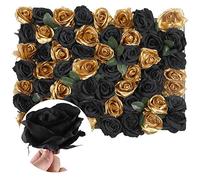 WedDecor 12pcs Flower Panels Wall Decor Artificial Silk Flowers Romantic Floral Backdrop Wall Hedge Home Decoration Wedding Party Photo Background, Black & Champagne Gold Roses With Leaves, 60 x 40cm