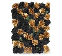 WedDecor 12pcs Flower Panels Wall Decor Artificial Silk Flowers Romantic Floral Backdrop Wall Hedge Home Decoration Wedding Party Photo Background, Black & Champagne Gold Roses With Leaves, 60 x 40cm