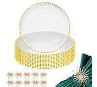 WedDecor 13 Inch Gold Beaded Acrylic Charger Plates with Pearl Diamante Napkin Rings - Clear Round Plates with Gold Beaded Rim Design for Weddings, Parties, Dinner Events, and Table Decor, Set of 50 | Presentation of Elegant Plates and Napkin Rings Set for Wedding, Thanksgiving , Dinner Party, Event and Table Decoration