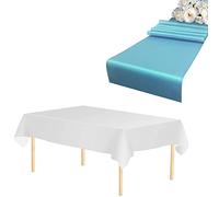WedDecor 1pc Baby Blue Rectangle Satin Table Runner 11"x108" & 1pc White Disposable Plastic Tablecloths 54"x108" Waterproof Table Cover for Wedding Party Decoration, Christmas (Set of 1)