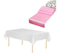 WedDecor 1pc Baby Pink Rectangle Satin Table Runner 11"x108" & 1pc White Disposable Plastic Tablecloths 54"x108" Waterproof Table Cover for Wedding Party Decoration, Christmas (Set of 1)