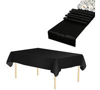 WedDecor 1pc Black Rectangle Satin Table Runner 11"x108" & 1pc Black Disposable Plastic Tablecloths 54"x108" Waterproof Table Cover for Wedding Party Decoration, Christmas (Set of 1)