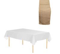 WedDecor 1pc Brown Rectangle Hessian Table Runner 13"x108" & 1pc White Disposable Plastic Tablecloths 54"x108" Waterproof Table Cover for Christmas, Wedding Party Decoration (Set of 1)